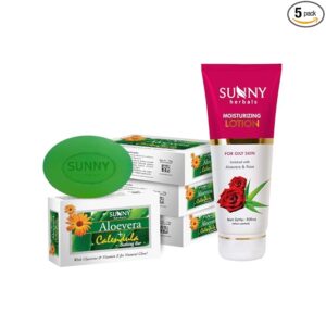 Sunny Aloe Vera Rose Lotion (100ml) & Aloe Calendula Bar (4 * 75gm), Youthful Complexion, Tone, Skin Elasticity, Absorbs Oil, For Scars, Sunburn, Soft, Supple Skin